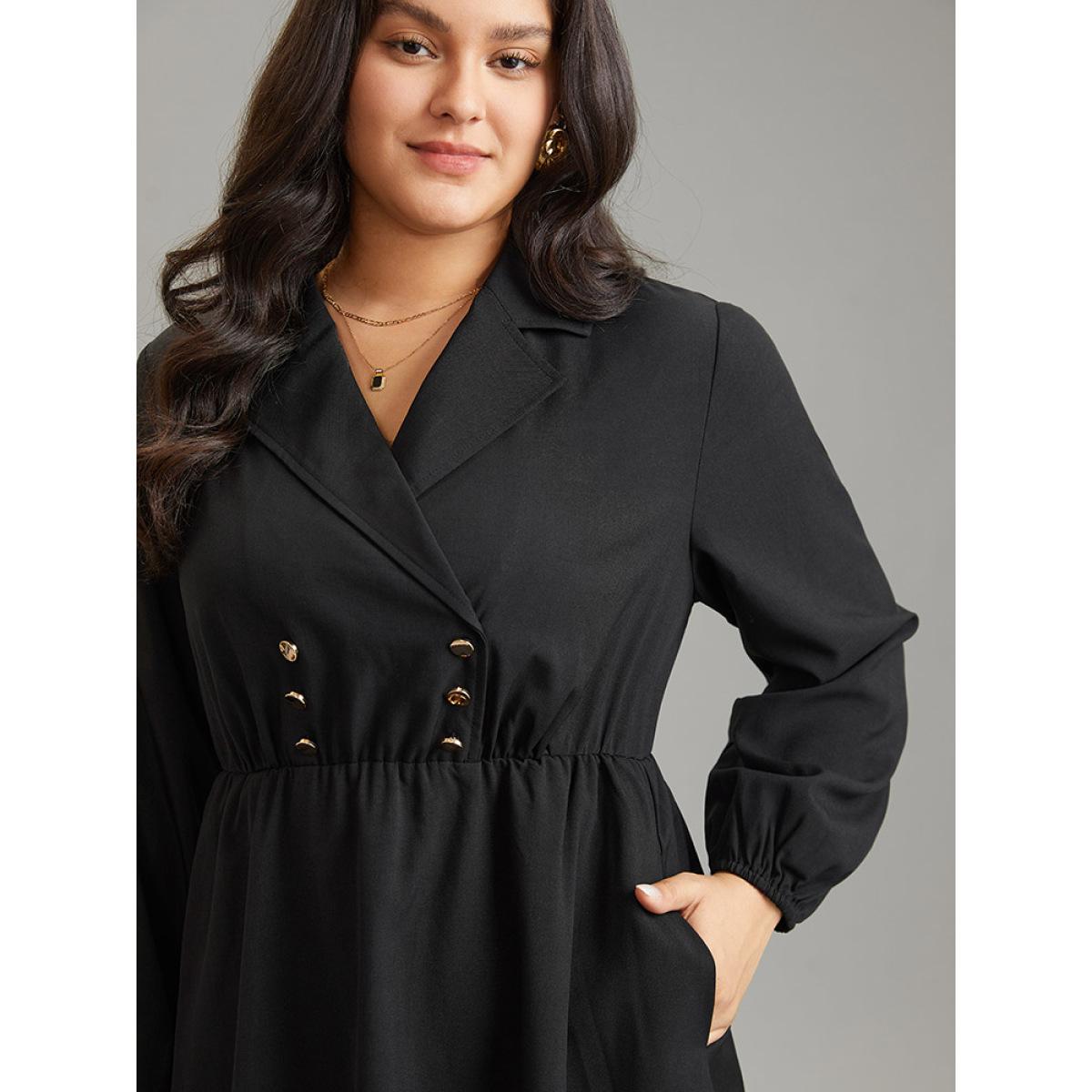 Plus Size Static-Free Suit Collar Button Detail Elastic Waist Dress Black Women At the Office Elastic cuffs Suit Collar Long Sleeve Curvy Midi Dress BloomChic 10/M Product Image