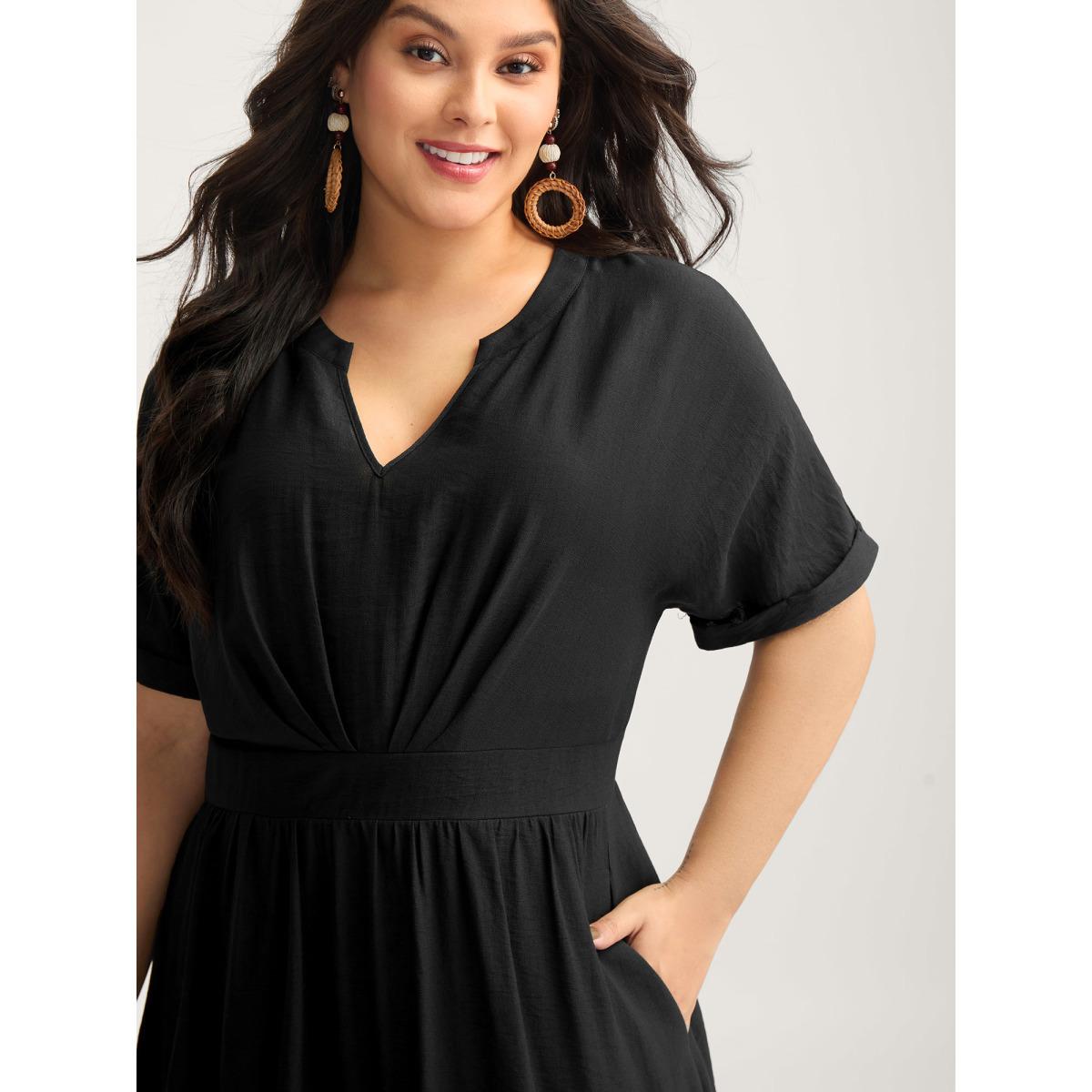 Plus Size Pleated Cinched Waist Solid Midi Dress Black Women V-neck Half Sleeve Curvy BloomChic 14-16/1X Product Image