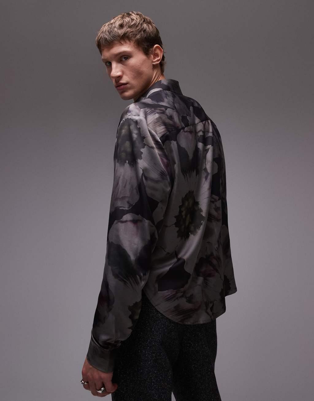 Topman long sleeve floral printed shirt in black Product Image