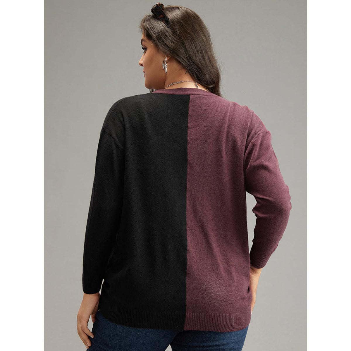 Plus Size Supersoft Essentials Colorblock Surplice Neck Elastic Hem Pullover Burgundy Women Casual Loose Long Sleeve V-neck Everyday Pullovers BloomChic 14-16/1X Product Image