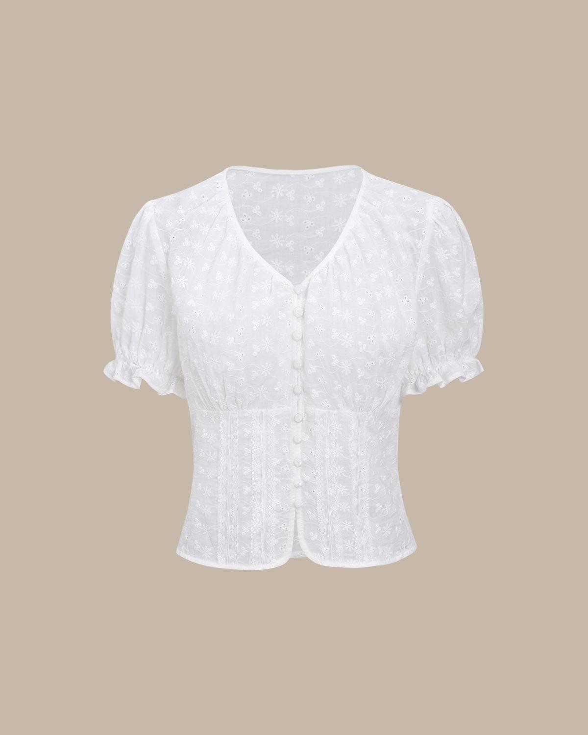 White Floral Puffed Sleeve Blouse Product Image