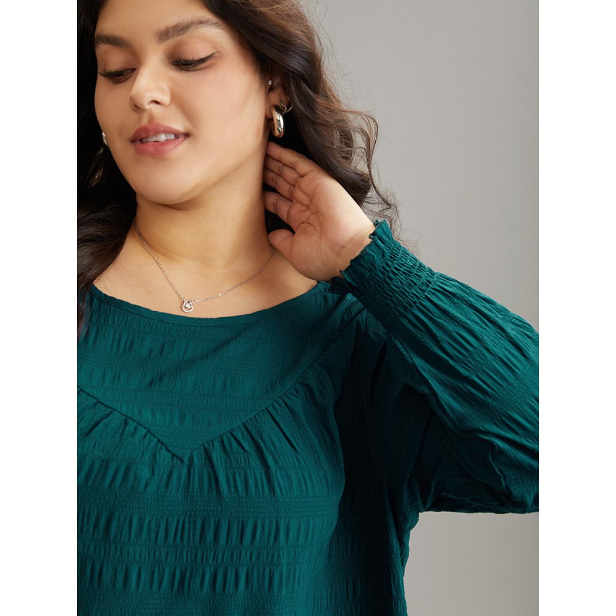 Plus Size Cyan Plain Textured Shirred Gathered Blouse Women Elegant Long Sleeve Round Neck Dailywear Blouses BloomChic 18-20/2X Product Image