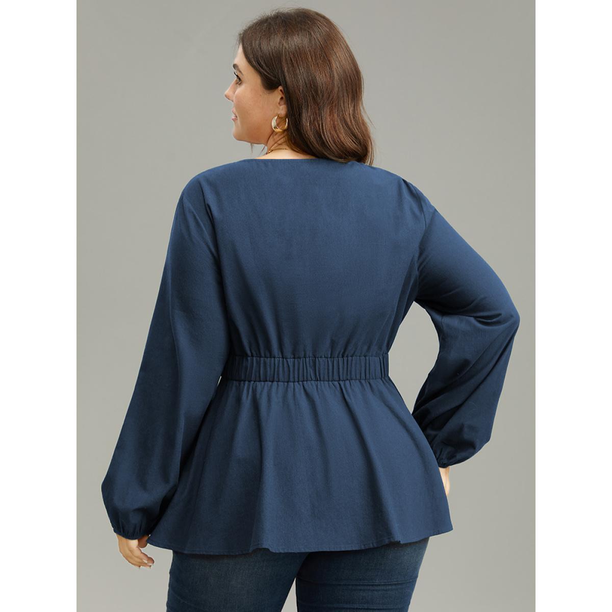 Plus Size Indigo Cotton Solid Metal Detail Lantern Sleeve Blouse Women Office Long Sleeve Round Neck Office Blouses BloomChic 14-16/1X Product Image