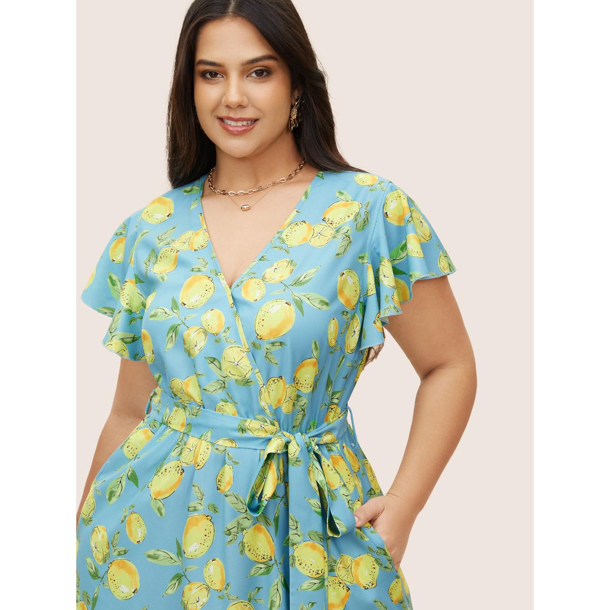 Plus Size Citrus Lemon Print Ruffle Cap Sleeve Belted Dress Blue Women Elegant Belted V-neck Cap Sleeve Curvy Midi Dress BloomChic 18-20/2X Product Image