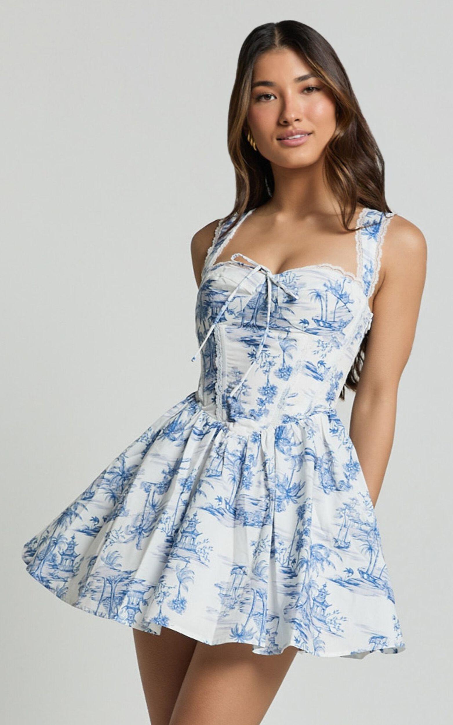 Idris Mini Dress - Lace Trim Corset Lace Up Back Dress in Toile De Jouy Print Product Image