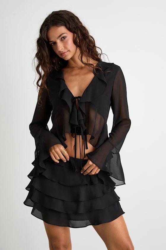 Kaisley Black Tiered Ruffled High-Rise Mini Skirt Product Image