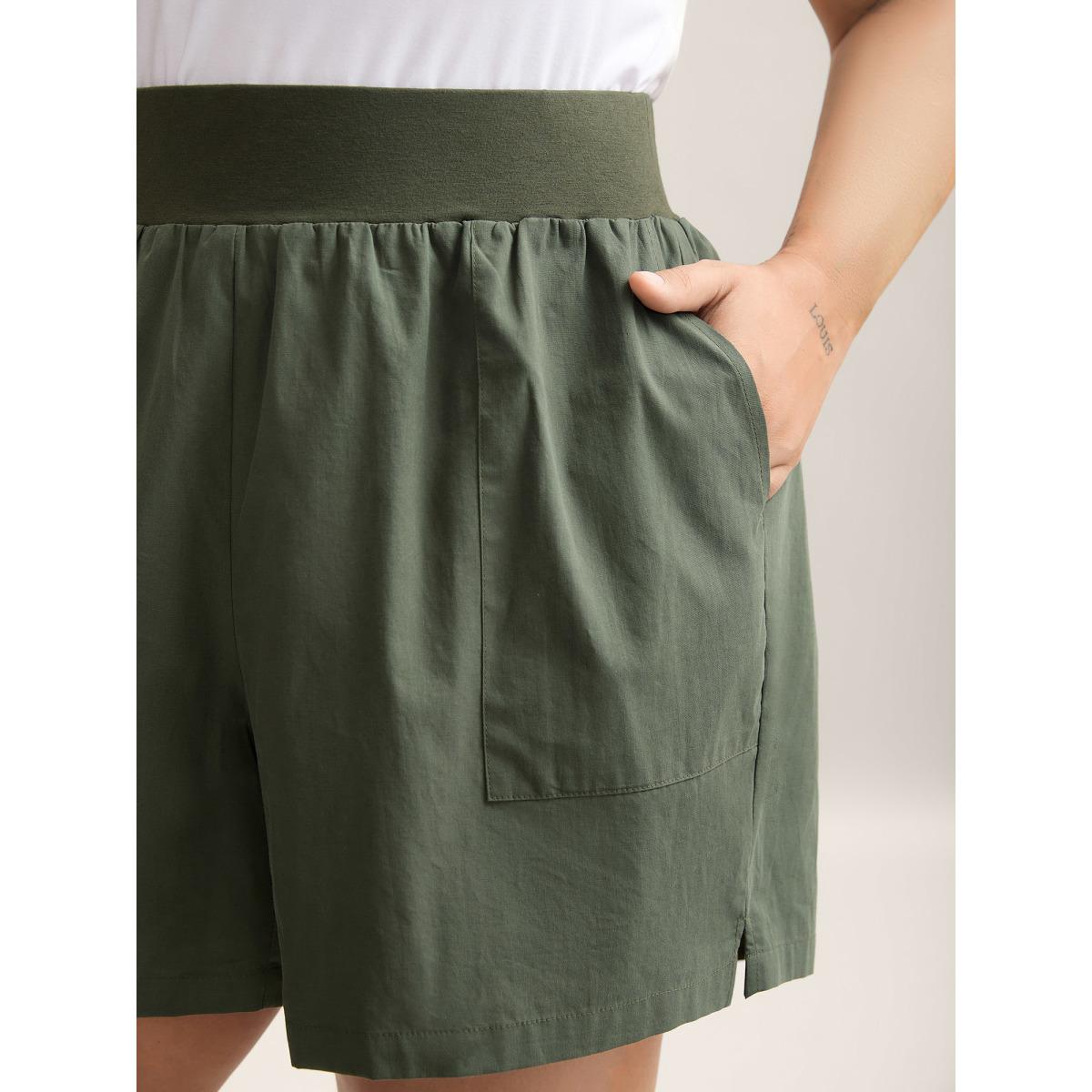 Plus Size Cotton Wide Waist Plain Shorts Women ArmyGreen Resort Slit Straight Leg Vacation Shorts BloomChic 26/4X Product Image