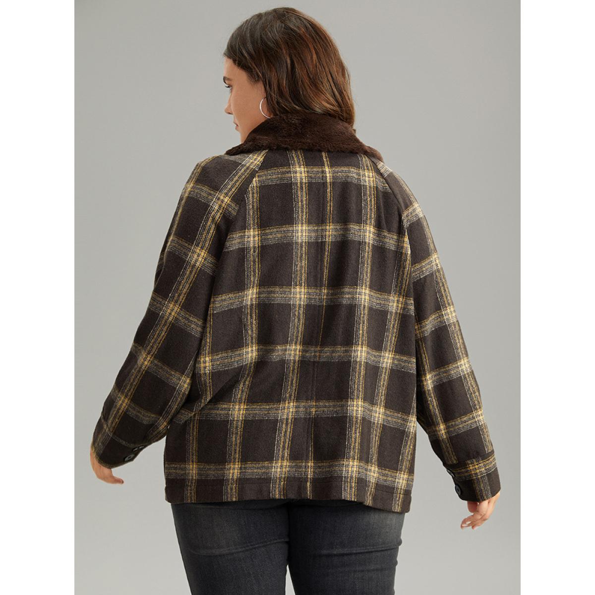 Plus Size Plaid Patchwork Fuzzy Trim Zipper Fly Coat Women DarkBrown Casual Contrast Ladies Everyday Winter Coats BloomChic 28/5X Product Image