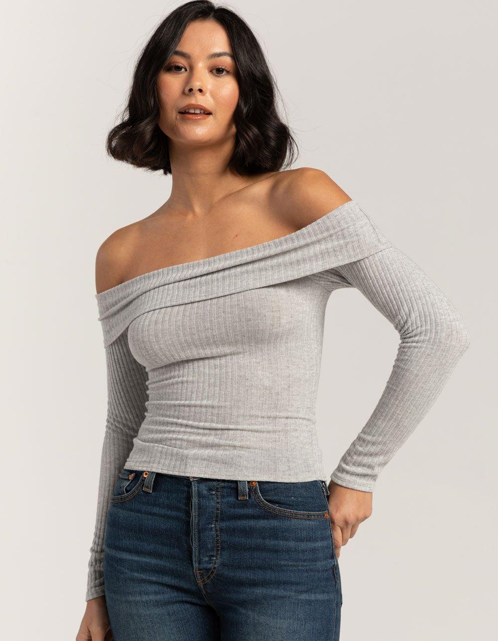 FULL TILT Fold Over Rib Off The Shoulder Womens Top - HEATHER GRAY Product Image