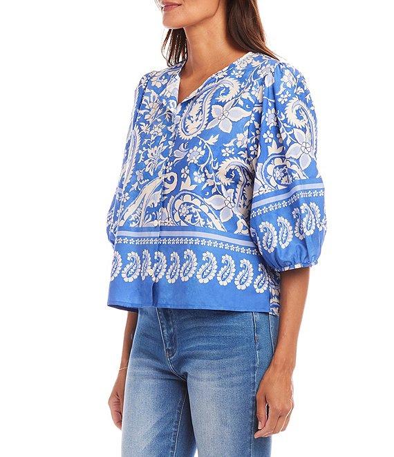 Karen Kane Crew Neck Short Sleeve Floral Paisley Printed Blouse Product Image