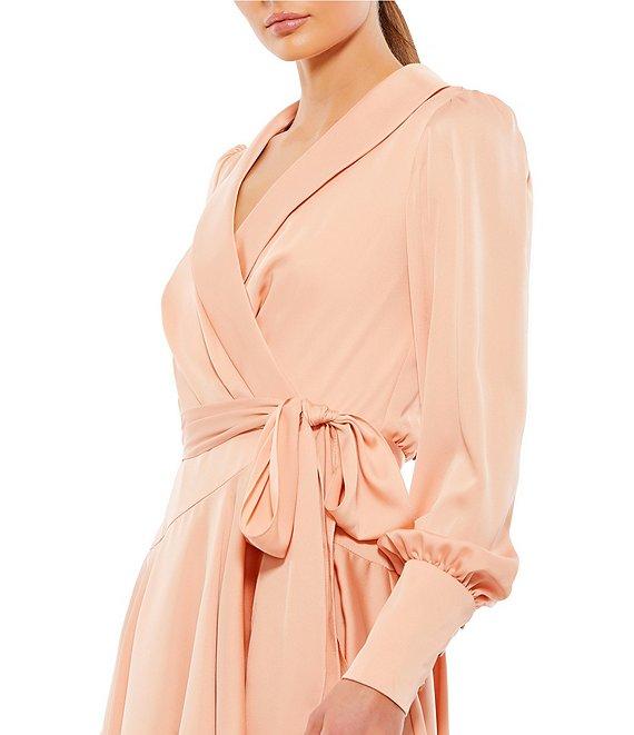 Mac Duggal V Neck Long Sleeve Wrap Satin Mini Dress Product Image
