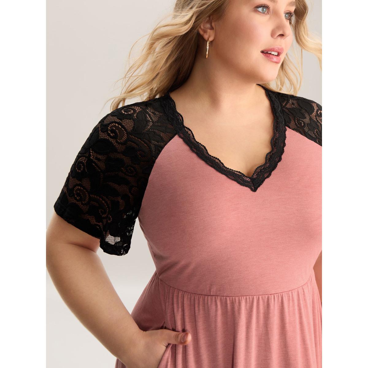 Plus Size Stretchy Color Contrast V-Neck Midi Dress Watermelon Women V-neck Short sleeve Curvy BloomChic 18-20/2X Product Image