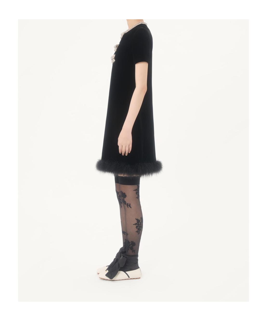 VALENTINO Crystal Bow Velvet Mini Dress With Feather Trim In Black Product Image
