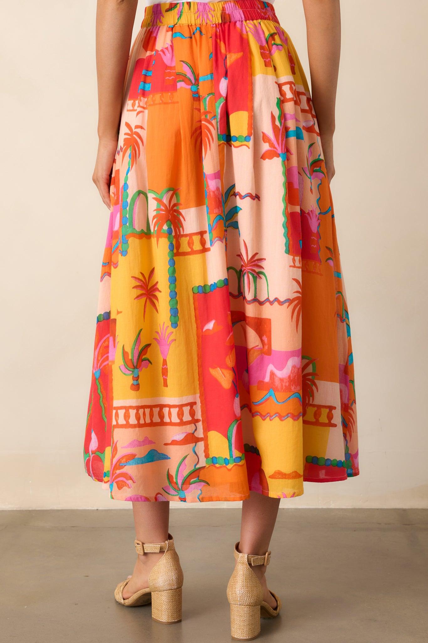 Bright Idea Orange Tropical Print Cotton Button Front Midi Skirt Product Image
