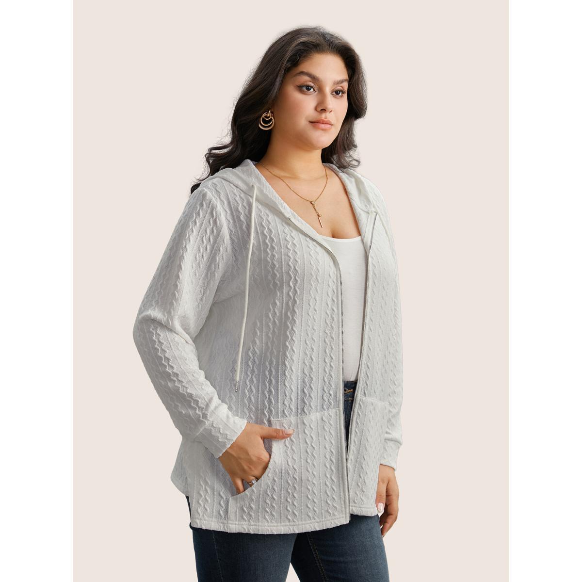 Plus Size Plain Textured Zipper Hooded Sweatshirt Women White Casual Non Hooded Everyday Sweatshirts BloomChic 12/L Product Image
