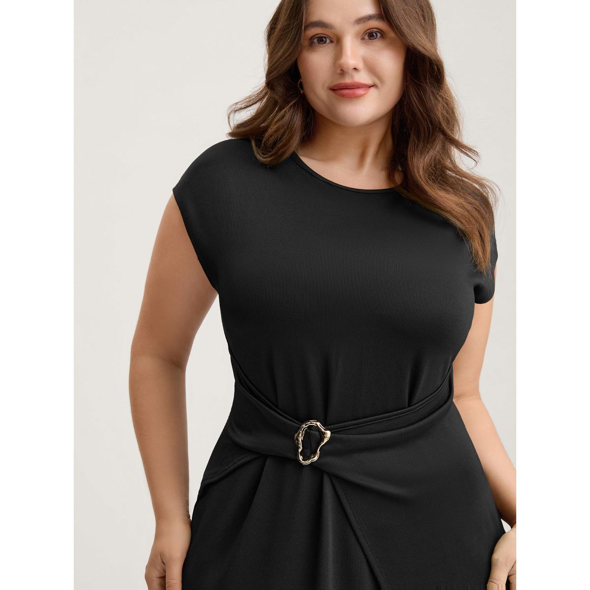 Plus Size Wrap Style Metal Buckle Midi Dress Black Women Round Neck Cap Sleeve Curvy BloomChic 12/L Product Image