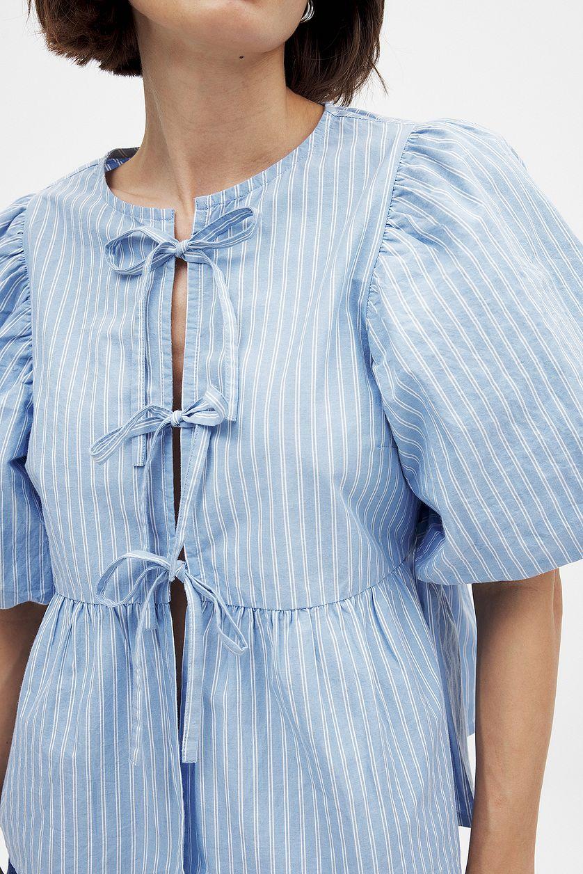 Cotton Puff Sleeve Tie Front Blouse Product Image