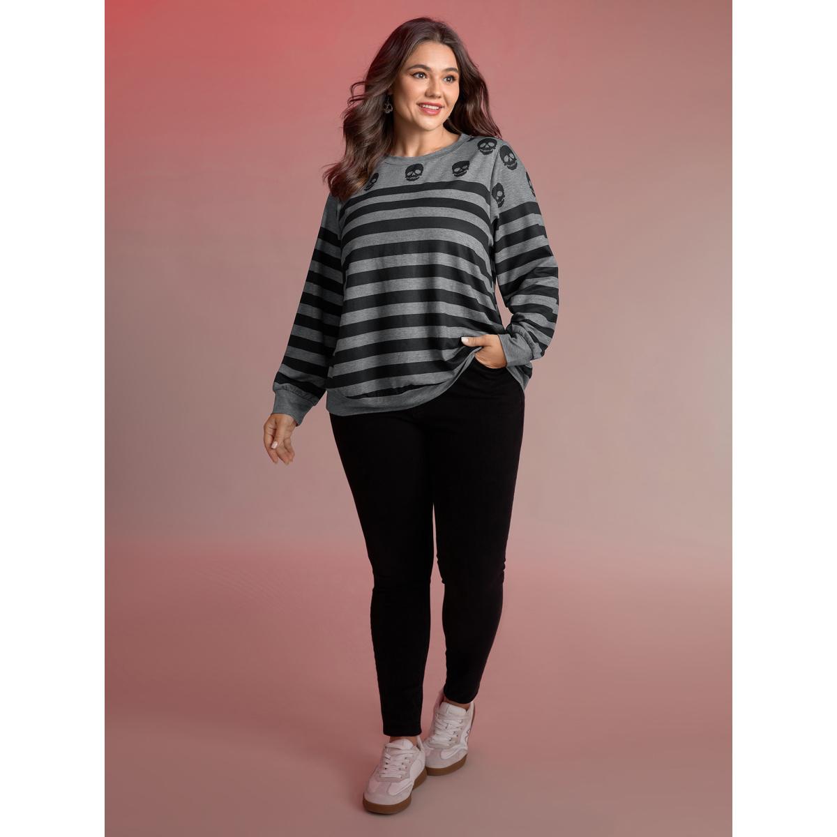 Plus Size Skull Stripe Print Crewneck Sweatshirt Women DimGray Leisure Non Round Neck Casual Sweatshirts BloomChic 22-24/3X Product Image