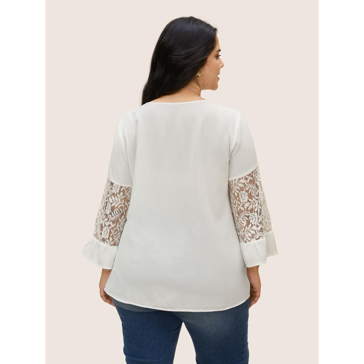 Plus Size White Crochet Lace Mesh Keyhole Pleated Blouse Women Elegant Elbow-length sleeve Notched collar Everyday Blouses BloomChic 14-16/1X Product Image