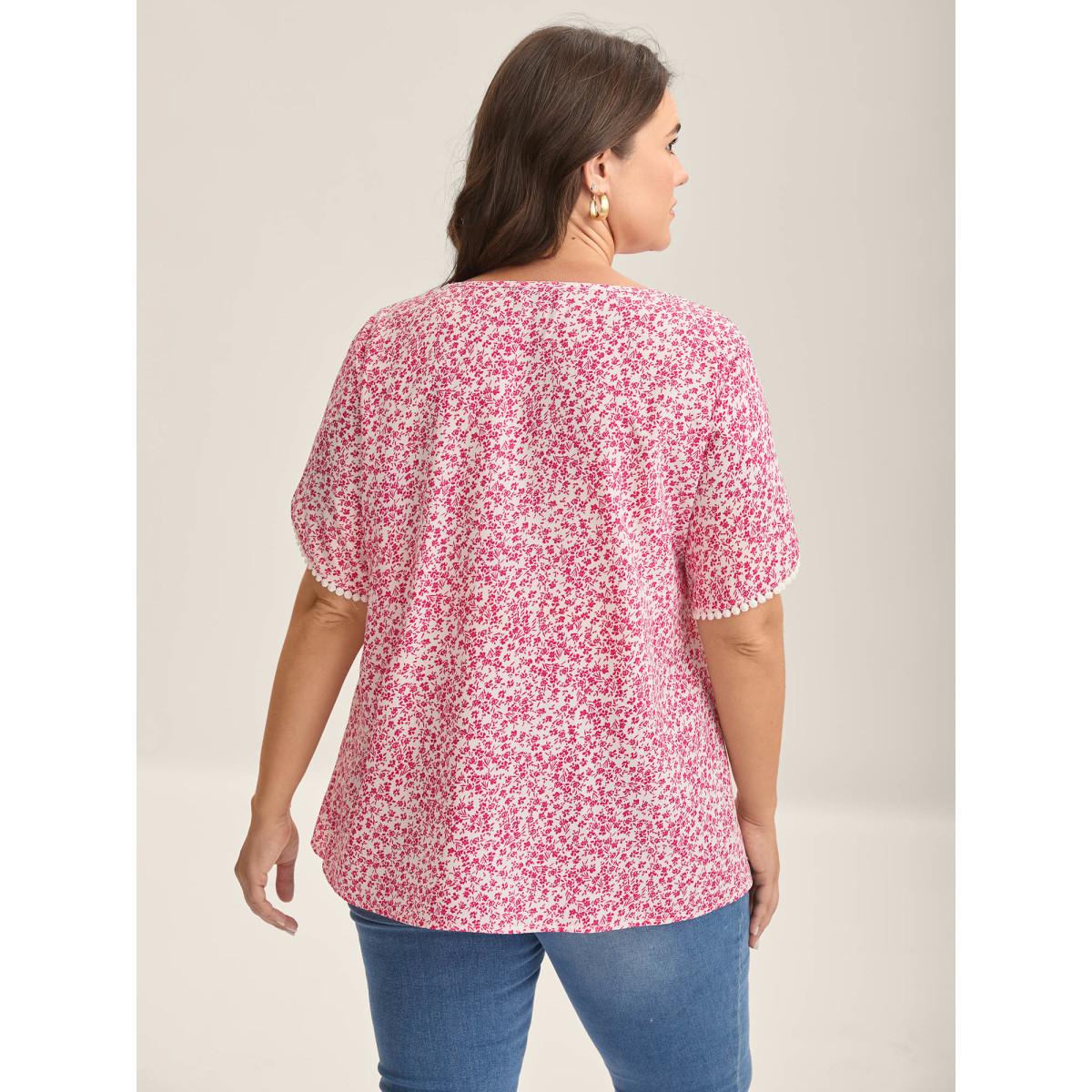 Plus Size WhiteSmoke Petal Sleeve Floral Lace Spliced Shirt Women Romantic Short sleeve V-neck Elegant Blouses BloomChic 12/L Product Image