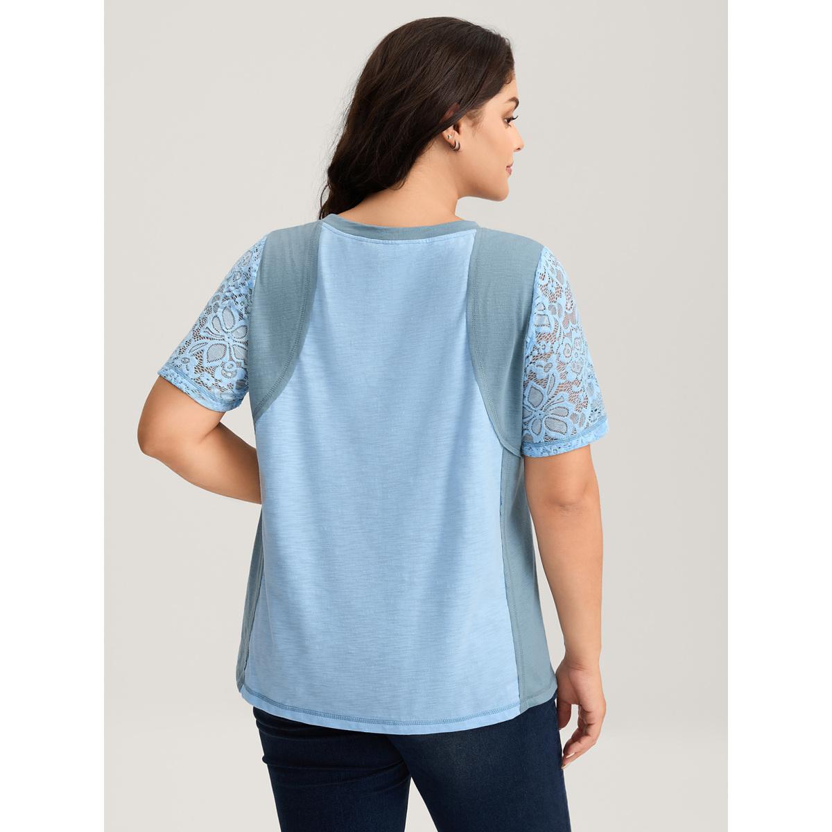 Plus Size Color Block Lace Panel Solid T-Shirt LightBlue Women See through Round Neck Everyday-Casual T-shirts BloomChic 30/6X Product Image