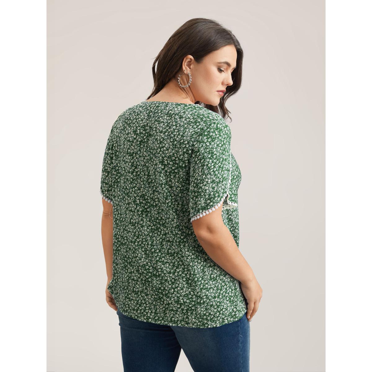 Plus Size DarkGreen Petal Sleeve Floral Lace Spliced Shirt Women Romantic Short sleeve V-neck Elegant Blouses BloomChic 10/M Product Image