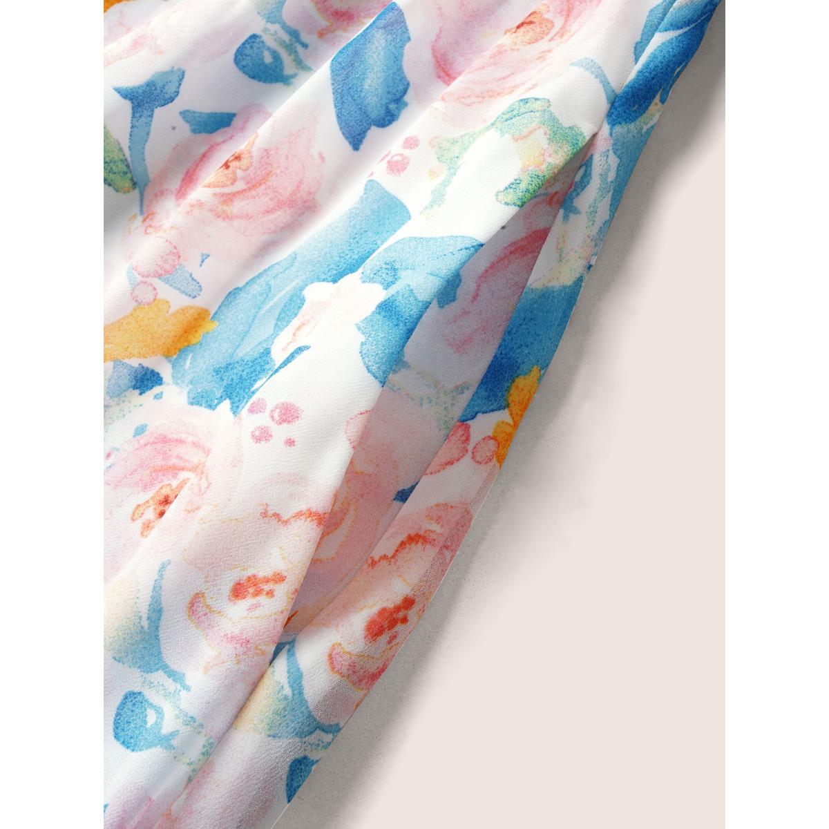 Plus Size Watercolor Floral Shirred Puff Sleeve Midi Dress Skyblue Women Elegant Shirred Heart neckline Short sleeve Curvy BloomChic 10/M Product Image