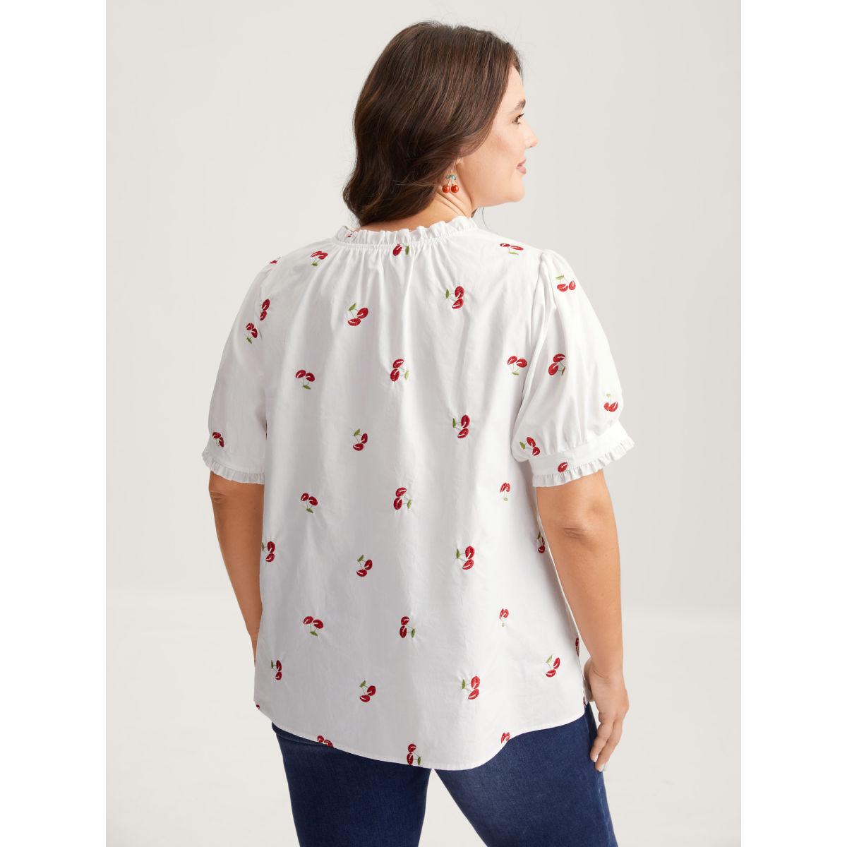 Plus Size WhiteSmoke Cotton Cherry Embroidery Ruffled Neck Blouse Women Timeless Short sleeve Round Neck Elegant Blouses BloomChic 18-20/2X Product Image