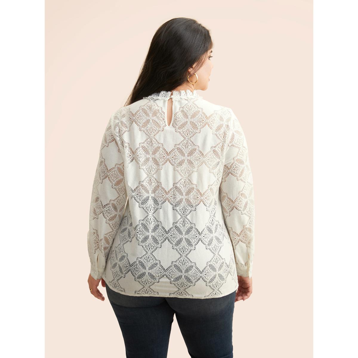 Plus Size Ivory Lace Panel Mesh Stand Collar Blouse Women Elegant Long Sleeve Stand-up collar Everyday Blouses BloomChic 14-16/1X Product Image