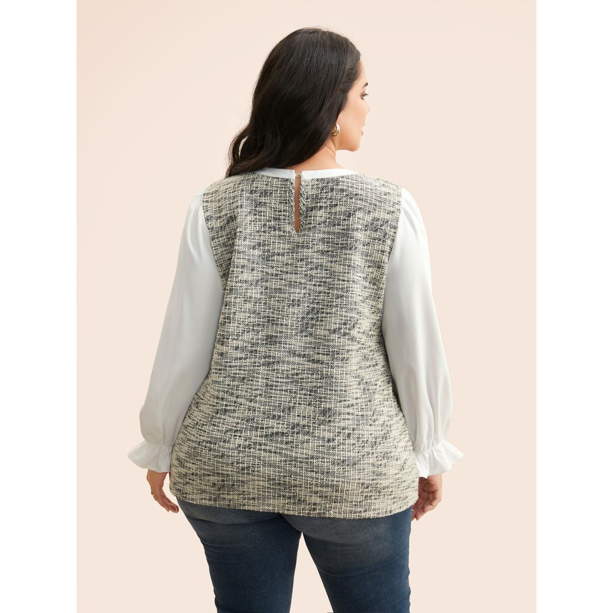 Plus Size Originalwhite Tweed Patchwork Gathered Lantern Sleeve Blouse Women Elegant Long Sleeve Round Neck Everyday Blouses BloomChic 14-16/1X Product Image