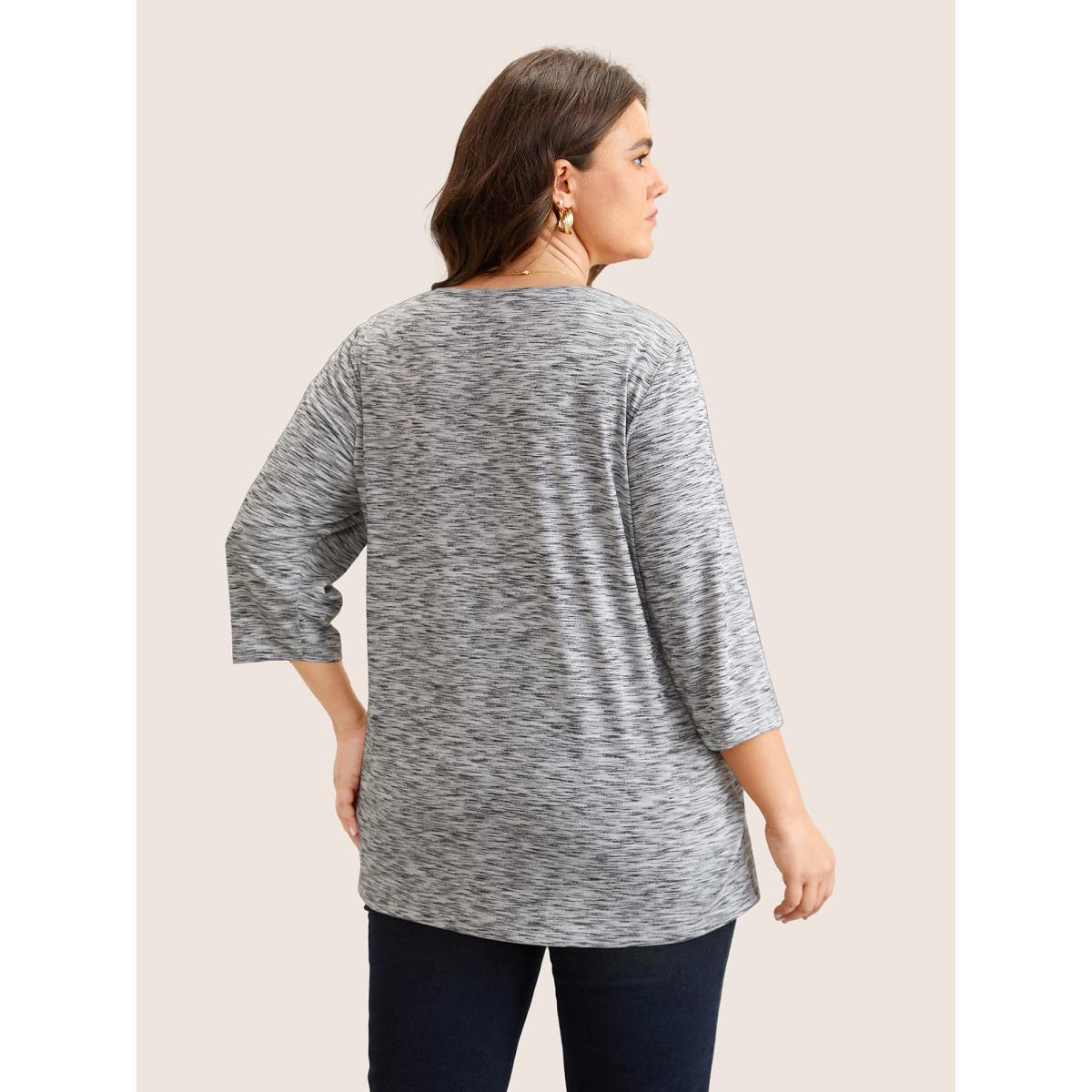 Plus Size Heather Pleated Button Detail T-shirt Gray Women Casual Pleated Plain V-neck Everyday T-shirts BloomChic 14-16/1X Product Image