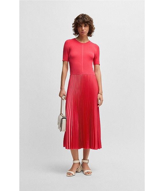 BOSS by Hugo Boss Fadridi Knit Crew Neck Short Sleeve Pleated Midi Dress Product Image