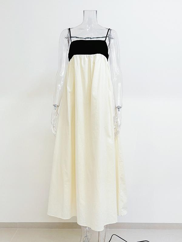 A-Line Loose Contrast Color Pleated Split-Joint Spaghetti-Neck Maxi Dresses Product Image