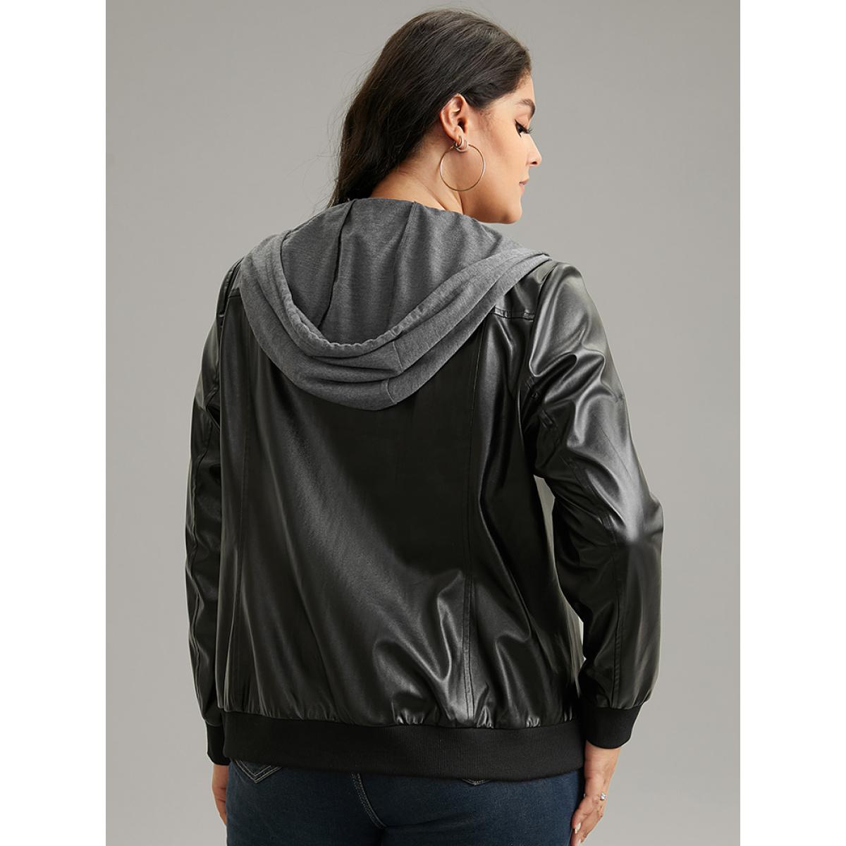 Plus Size PU Leather Patchwork Hooded Drawstring Rib Knit Jacket Women Black Rib Knit Pocket Dailywear Jackets BloomChic 10/M Product Image