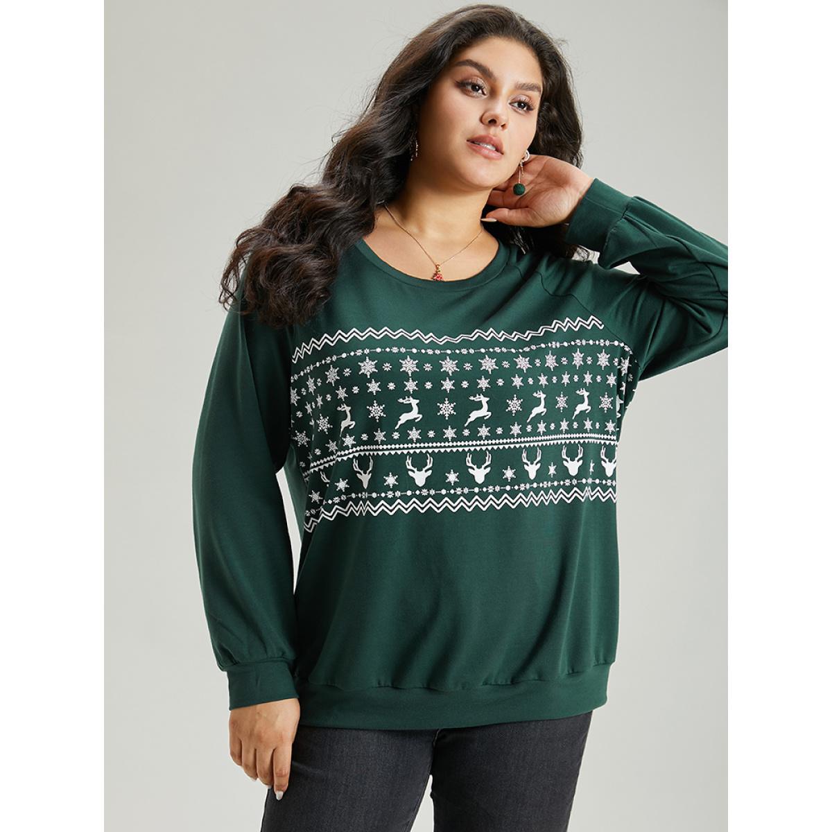 Plus Size Christmas Elk Crew Neck Raglan Sleeve Sweatshirt Women DarkGreen Casual Printed Round Neck Festival-Christmas Sweatshirts BloomChic 30/6X Product Image