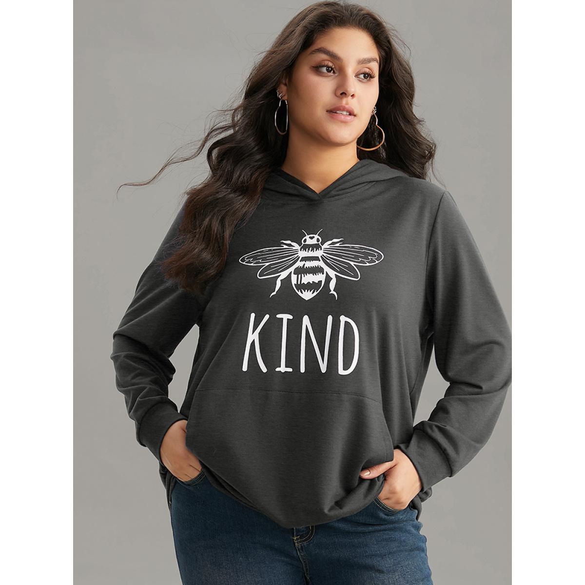 Plus Size Bee Print Hooded Kangaroo Pocket Sweatshirt Women DarkGray Casual Printed Everyday Sweatshirts BloomChic 14-16/1X Product Image