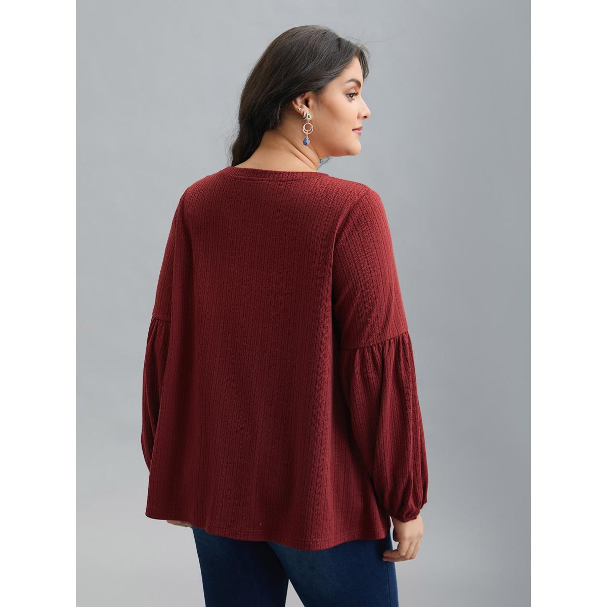Plus Size Balloon Sleeve Textured Round Neck T-Shirt Deepred Women Elegant Texture Round Neck Everyday T-shirts BloomChic 22-24/3X Product Image