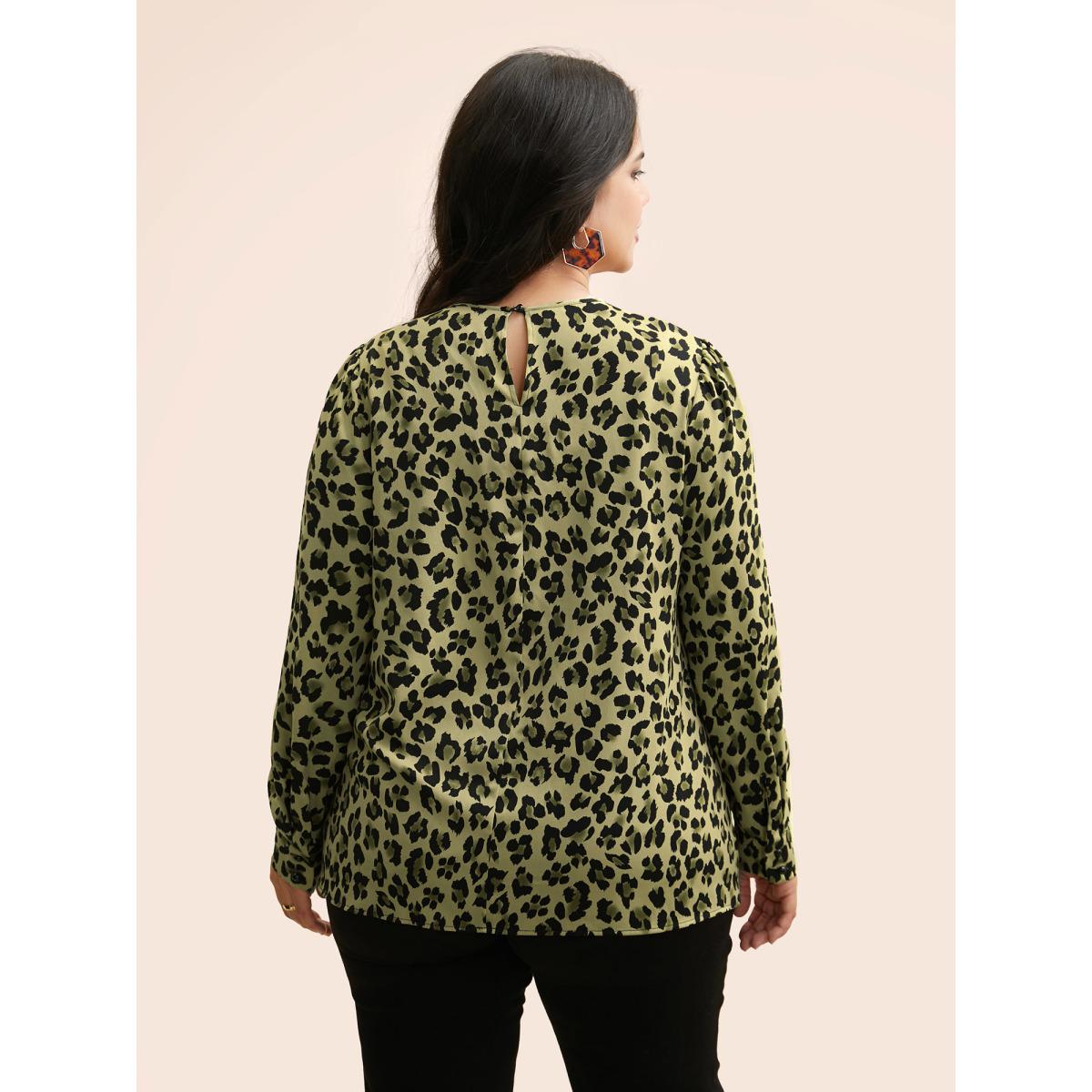 Plus Size Moss Leopard Print Mock Neck Gathered Blouse Women At the Office Long Sleeve Mock Neck Office Blouses BloomChic 28/5X Product Image