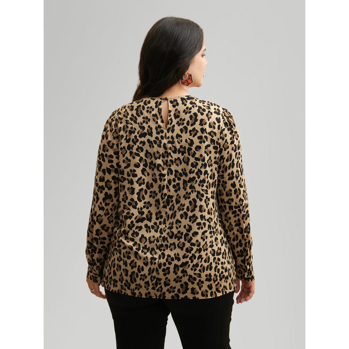 Plus Size LightBrown Leopard Print Mock Neck Gathered Blouse Women At the Office Long Sleeve Mock Neck Work Blouses BloomChic 22-24/3X Product Image