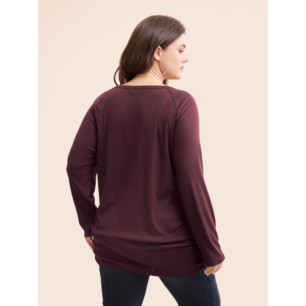 Plus Size Plain Gathered Button Detail T-shirt DarkGreen Women Casual Gathered Plain Round Neck Dailywear T-shirts BloomChic 14-16/1X Product Image