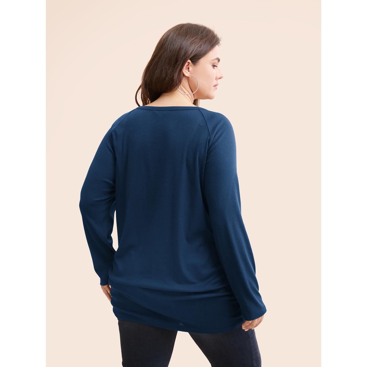 Plus Size Plain Gathered Button Detail T-shirt Indigo Women Casual Gathered Plain Round Neck Dailywear T-shirts BloomChic 10/M Product Image