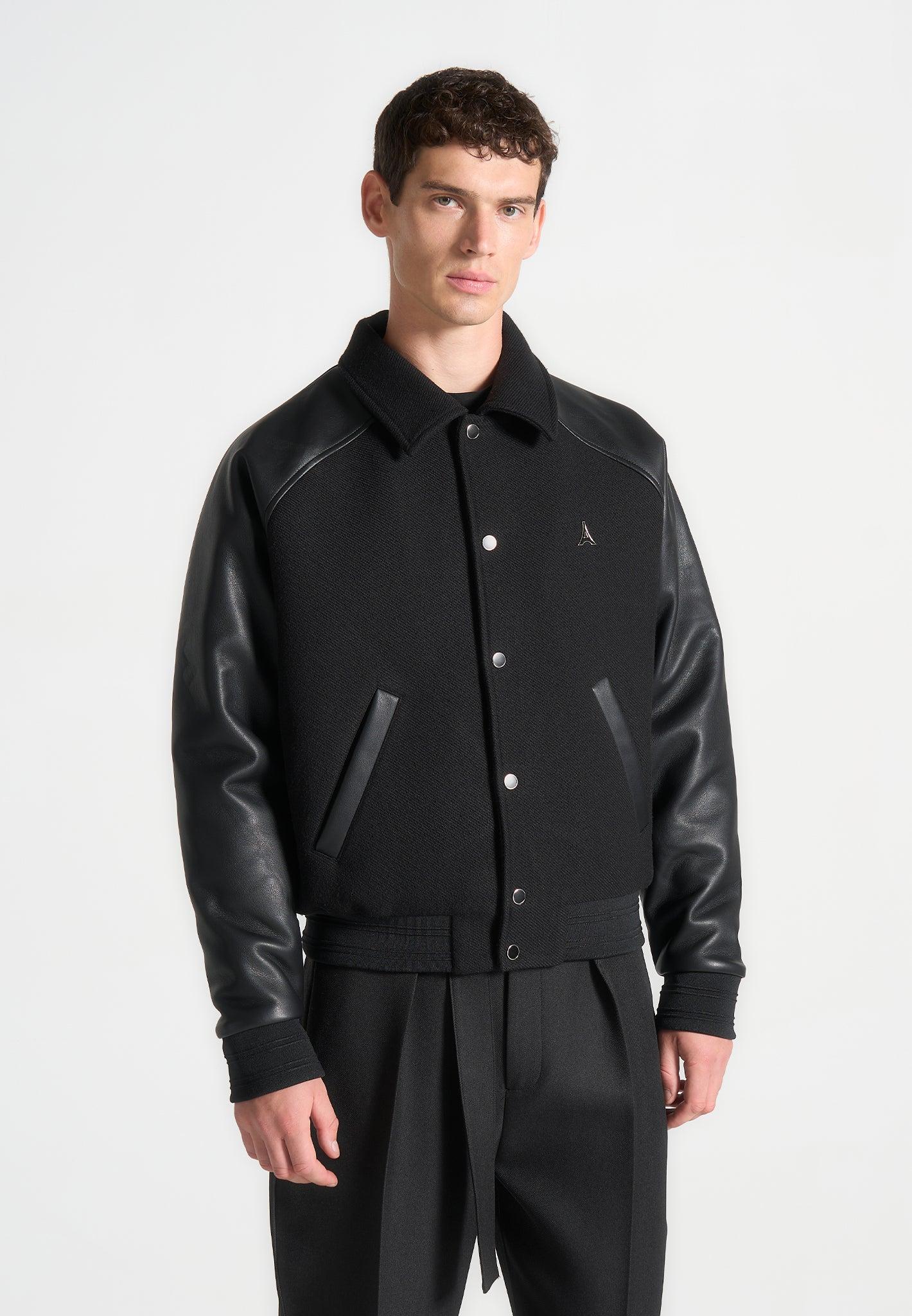 Olivier - Leather Raglan Varsity Jacket - Black Male Product Image