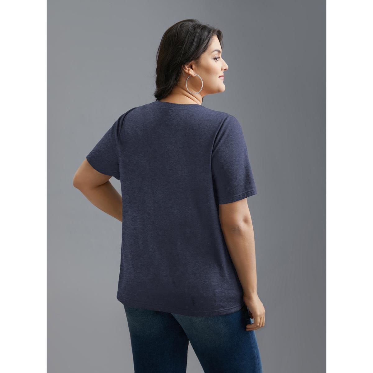 Plus Size Crew Neck Rhinestone Heart T-Shirt DarkBlue Women Casual Rhinestone detailing Round Neck Everyday T-shirts BloomChic 14-16/1X Product Image