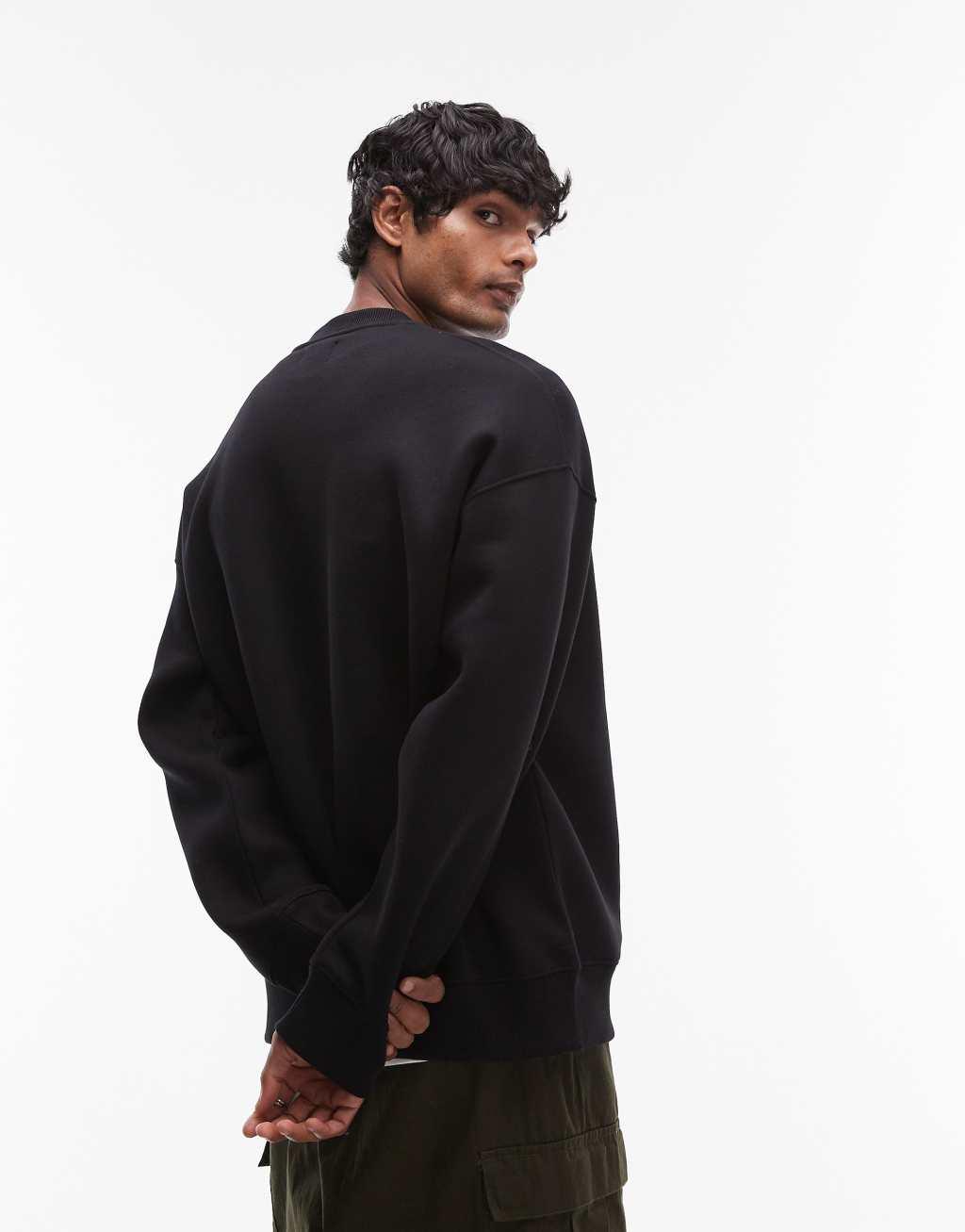 Topman oversized fit sweatshirt with leaves patch print in black Product Image