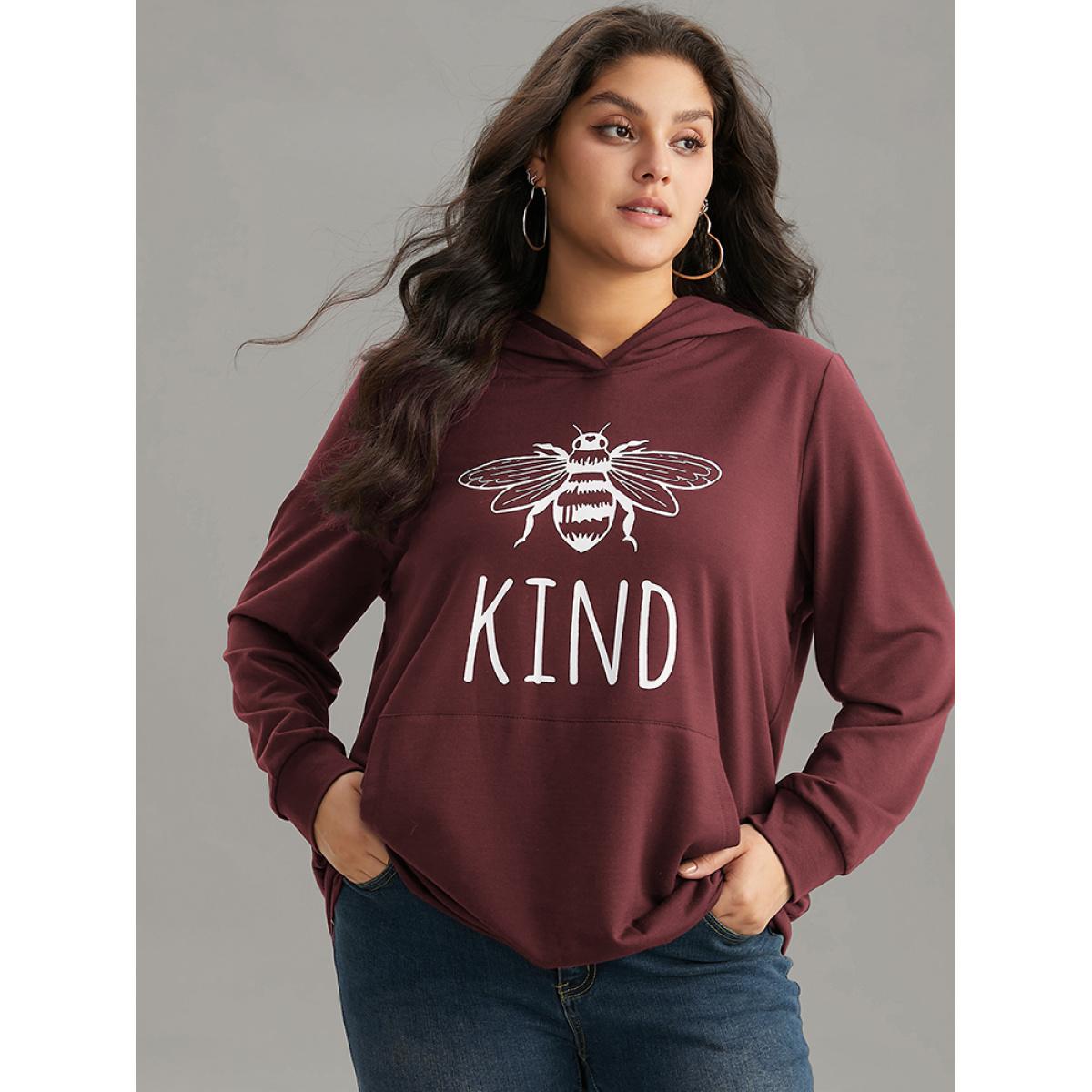 Plus Size Bee Print Hooded Kangaroo Pocket Sweatshirt Women Burgundy Casual Printed Everyday Sweatshirts BloomChic 14-16/1X Product Image