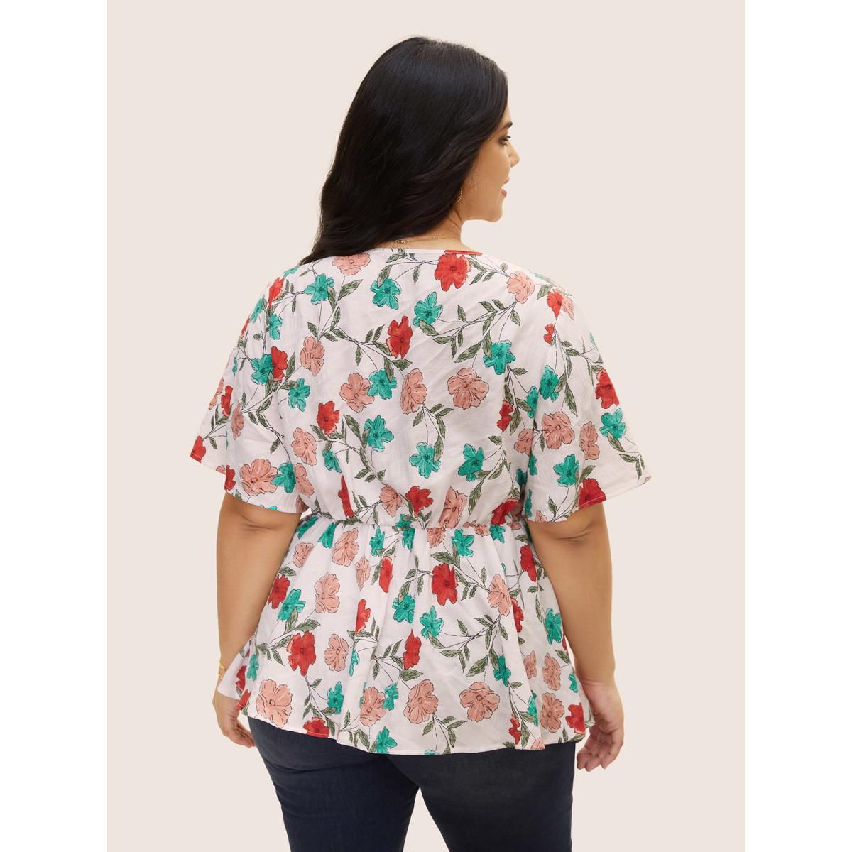 Plus Size Multicolor V Neck Floral Print Ruffle Sleeve Blouse Women Elegant Short sleeve V-neck Everyday Blouses BloomChic 10/M Product Image