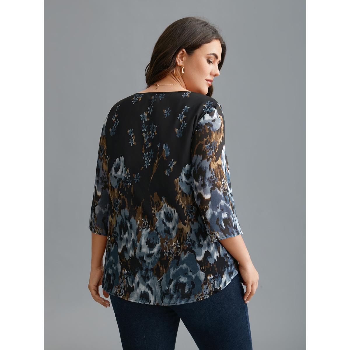 Plus Size Black V Neck Floral Bell Sleeve Blouse Women Elegant Elbow-length sleeve V-neck Everyday Blouses BloomChic 22-24/3X Product Image