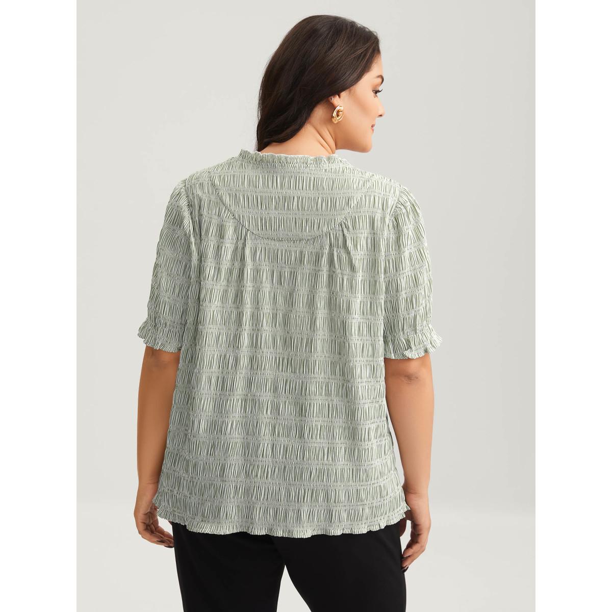 Plus Size Greenbean Cotton Half-Open Striped Solid Blouse Women Office Short sleeve Flat collar with V-notch Office Blouses BloomChic 22-24/3X Product Image