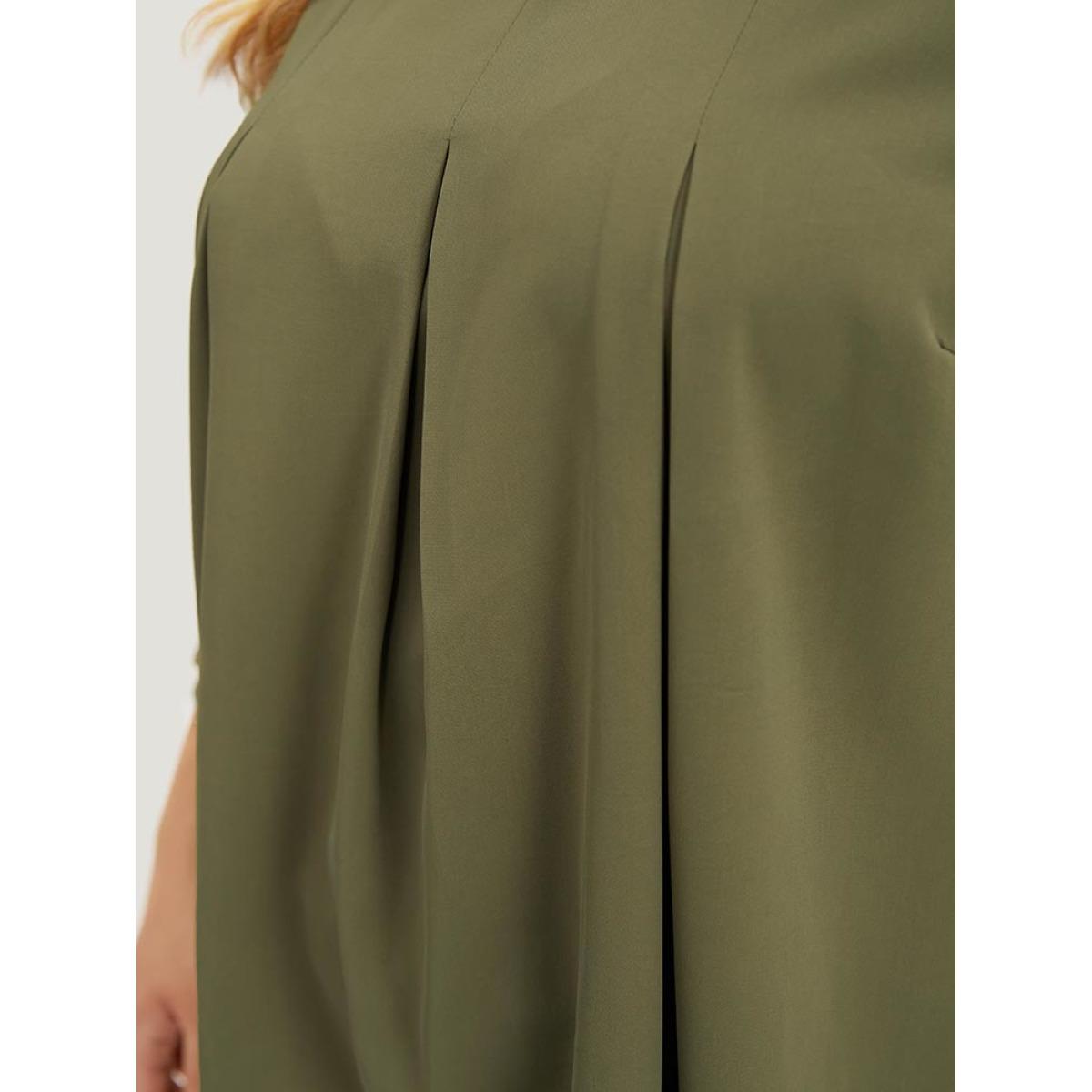 Plus Size ArmyGreen Plain Pleated Detail Bell Sleeve Blouse Women Office Elbow-length sleeve Round Neck Office Blouses BloomChic 14-16/1X Product Image