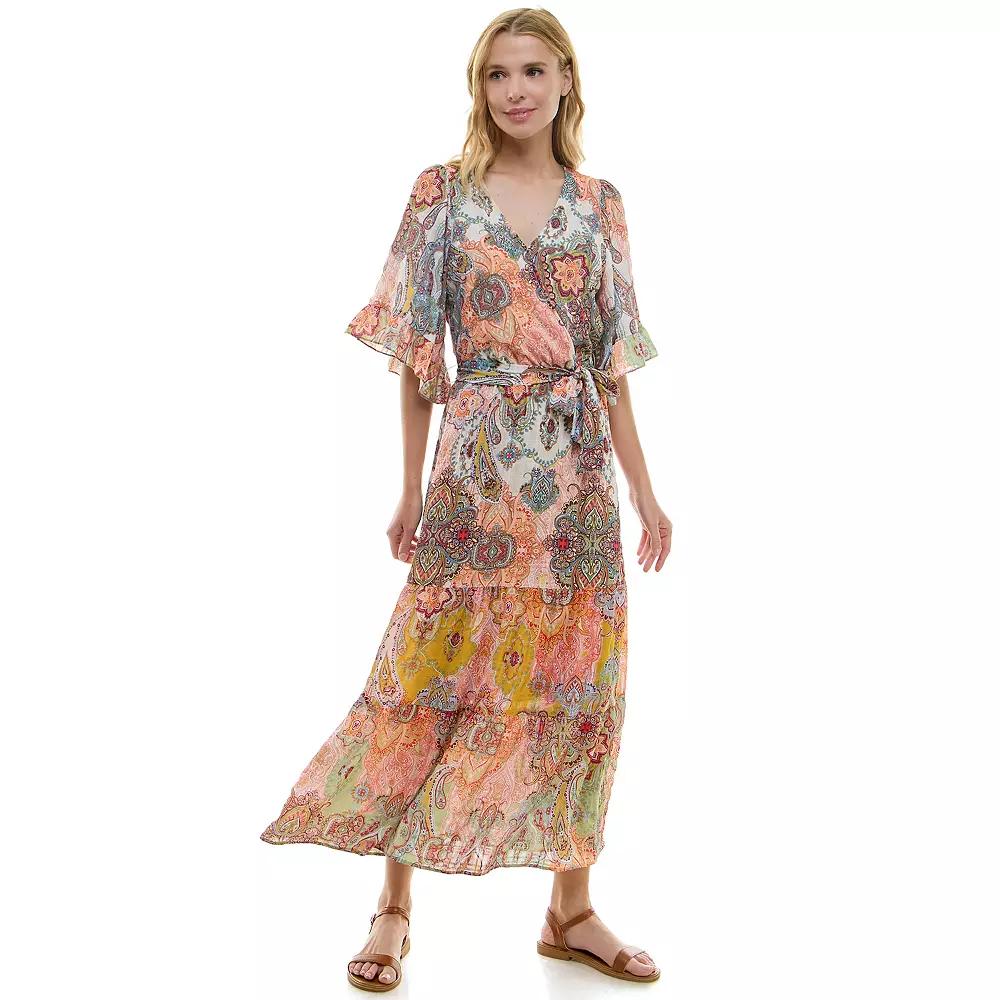 Women's Figueroa & Flower Flutter Sleeve Tiered Maxi Dress, Size: Large, Ivory Pink Product Image